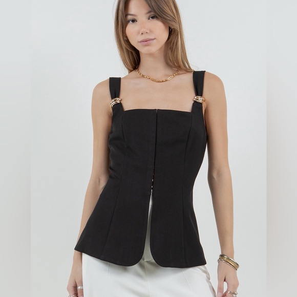 Tops - Black Structured Vest Top Gold Hardware Tailored Sleeveless Quiet Luxury Chic